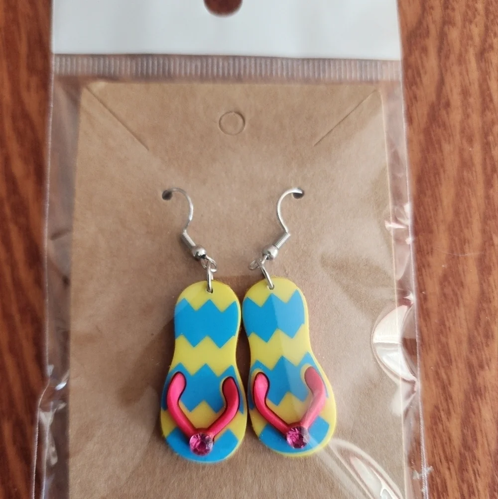 Yellow and Blue Flip Flop Stainless Steel Fishhook Earrings
